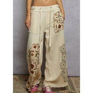 POL Double Gauze Floral Patches Detail Woven Pants S-L